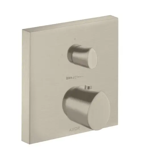 Thermostat zur Wandmontage mit zwei Drehknöpfen für Temperaturregelung und Absperrfunktion, gefertigt von AXOR in gebürstetem Nickel-Finish.
